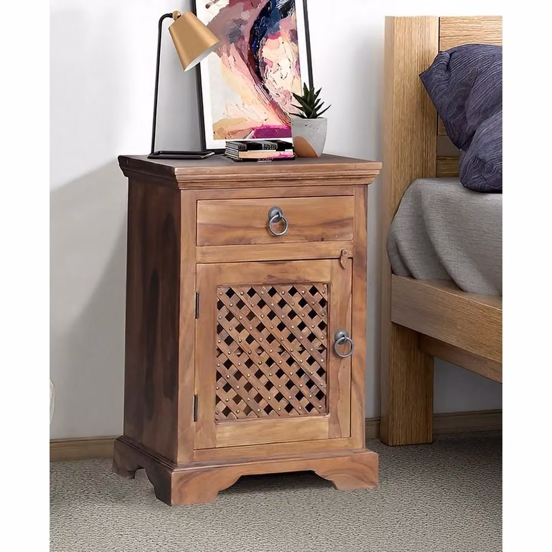 Jaipur Furniture Ltd Ganga Latic Jali Sheesham Wood Bedside Cabinet with Right Side Door, Brown Honey Dark Finish, W: 45 cm, D: 31 cm, H: 65 cm – 2