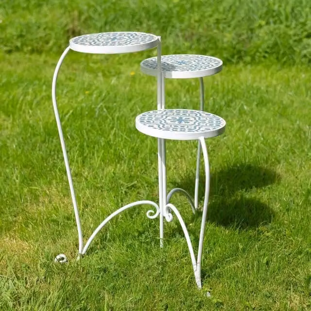 Ascalon Design Ltd Mosaic Folding Plant Stand in Blue and White, W: 60 cm, D: 54 cm, H: 65 cm