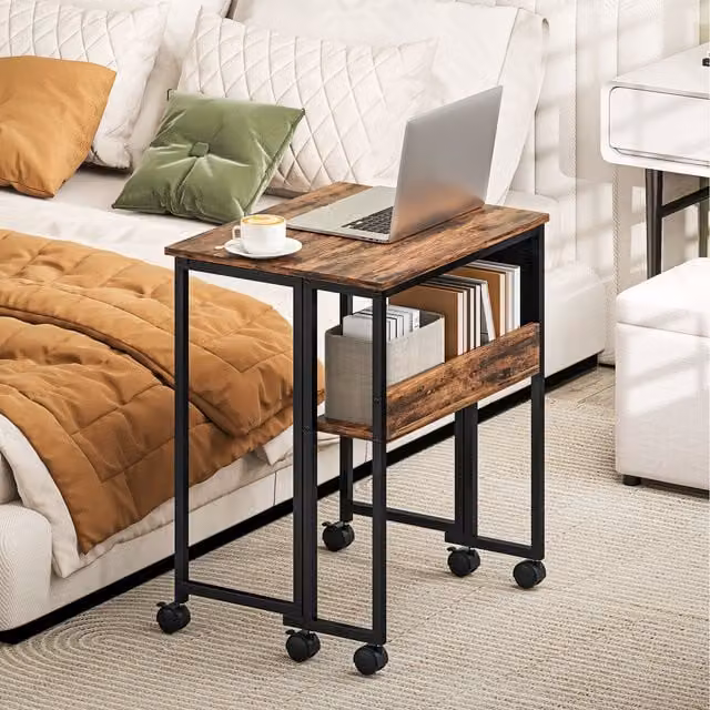 HOMCOM Folding Computer Desk with Open Shelf Storage Bag and Castors, Rustic Brown