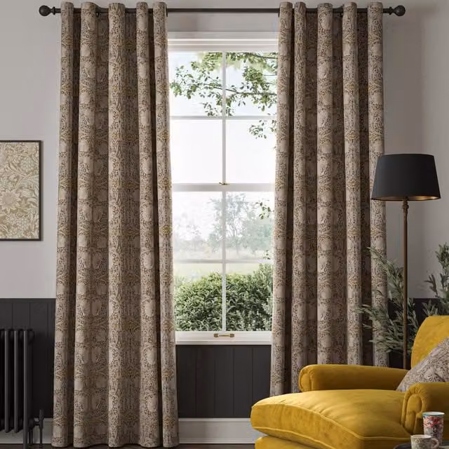 William Morris Pimpernel Made to Measure Blackout Eyelet Curtains in Flint Floral Cotton Velvet Beige and Brown