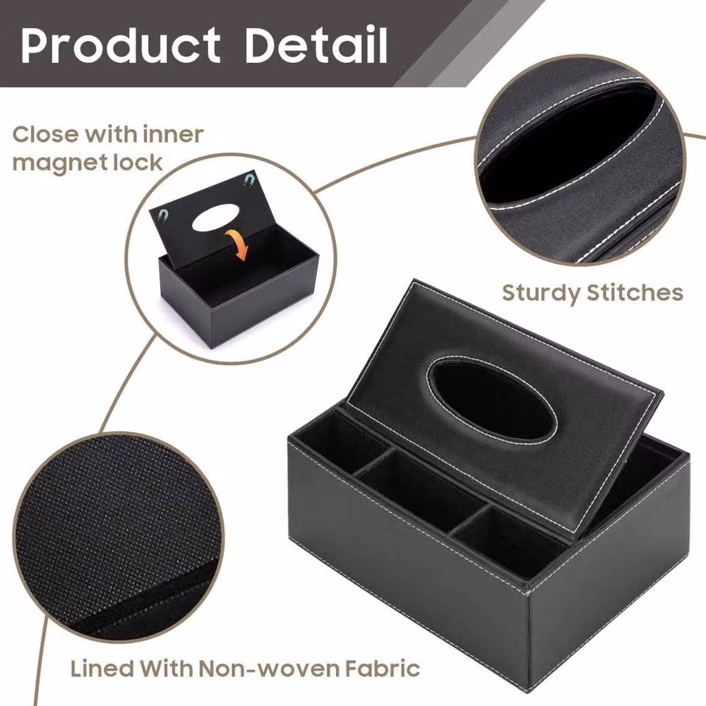 FLAVORA Rectangular PU Leather Tissue Box Cover Holder in Black, W: 16 cm, D: 9 cm, H: 16 cm – 4
