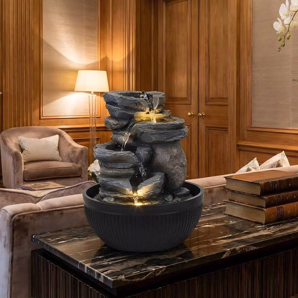 Kelvenix 4 Tier Cascading Tabletop Stone Fountain with LED Light in Grey – 4