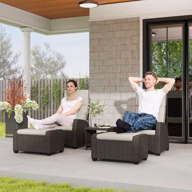 Outsunny 5 Piece Brown Rattan Garden Furniture Set with Upholstered Cushions, Coffee Table and Ottoman