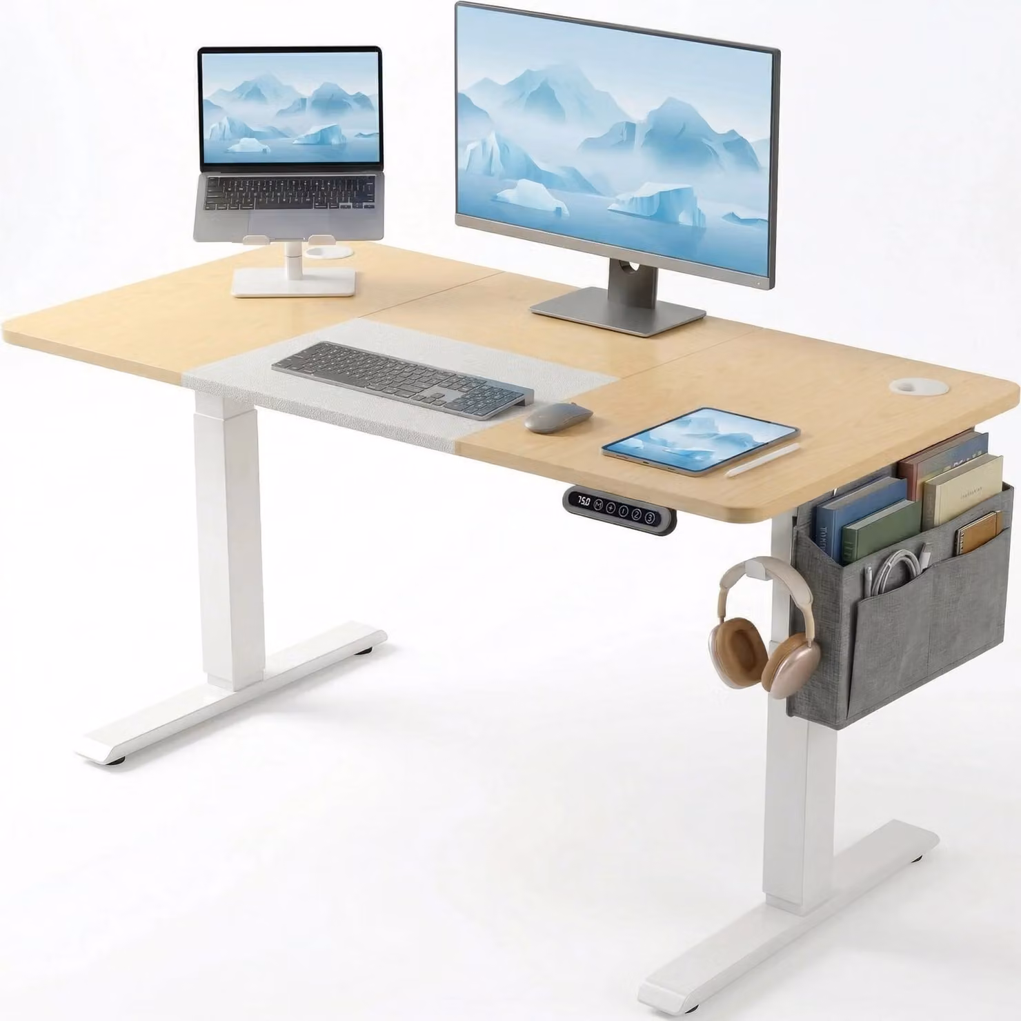 DHS Pine Electric Standing Desk in White, W/D/H: 120 x 60 x 72 cm
