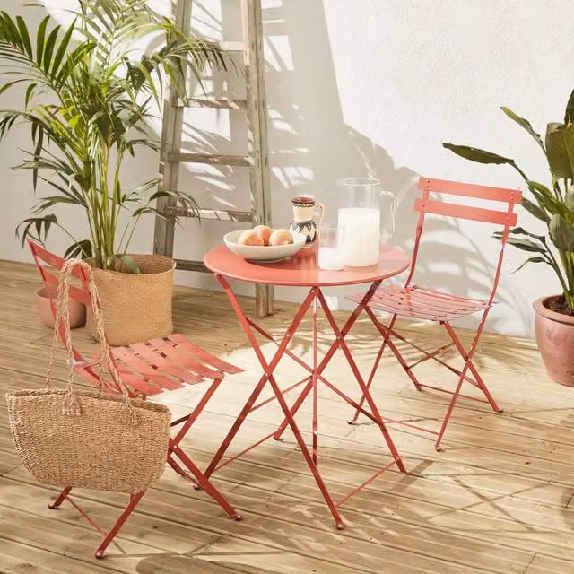 sweeek Round Folding Metal Bistro Garden Table and 2 Chairs Set in Terracotta