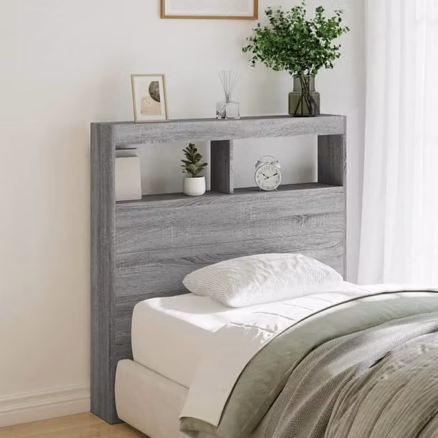 Berkfield Home Modern Wall Mount Headboard Cabinet with LED Lighting and USB Charging Port, Grey Sonoma, W: 100 cm, D: 17 cm, H: 102 cm – 1