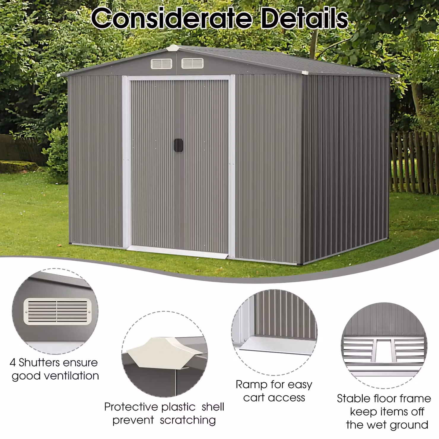 Gymax Weather-resistant Galvanised Steel Outdoor Storage Shed with Sliding Doors, Light Grey, W: 243.84 cm, D: 182.88 cm, H: 182.88 cm – 4