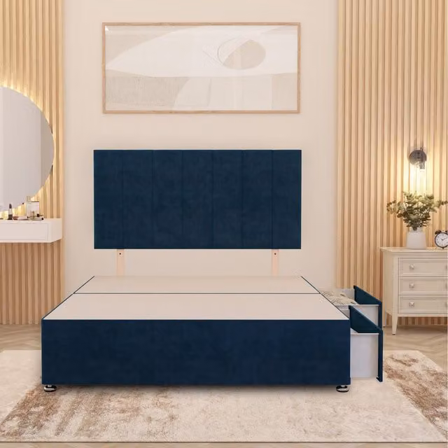 Somnior Beds Ltd Austin Divan Bed Base with 32 inch Headboard in Blue Plush Velvet with Storage Drawers, W/D/H: 120 x 200 x 34.5 cm