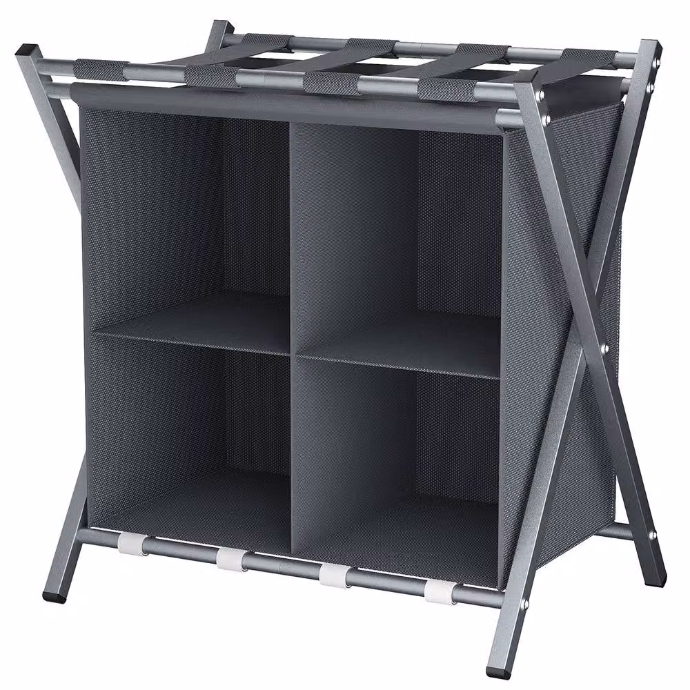 Huhote 2 Tier Metal Folding Luggage Rack with Storage in Grey – 2