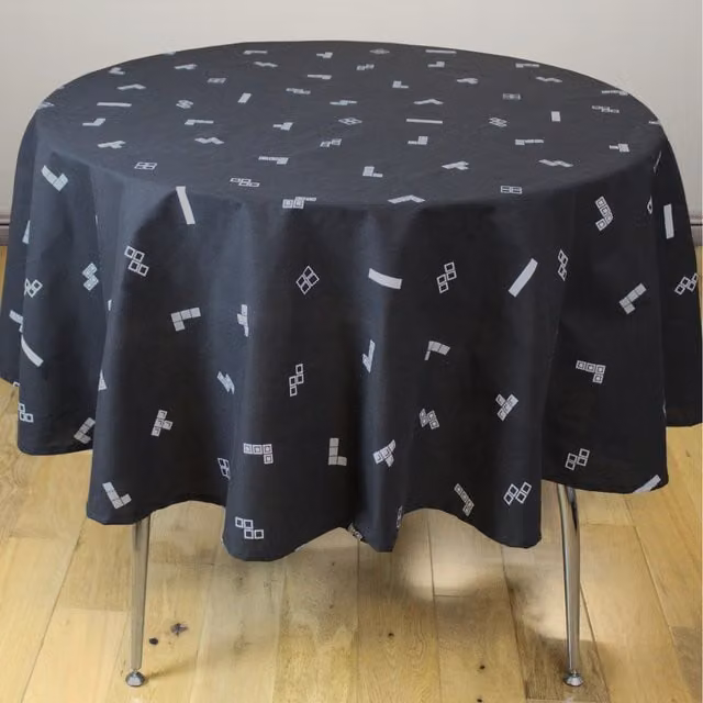 Tetris Modern Graphic Round Tablecloth in Black, Diameter: 182.88 cm