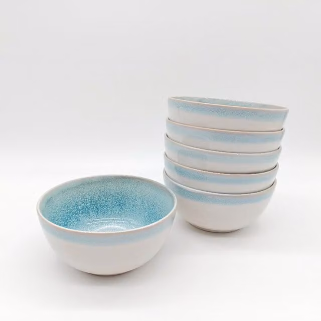 Glim & Glam Reactive Blue Glaze Stoneware Cereal Bowls, 4pc Set in Turquoise and Blue, Diameter: 14 cm