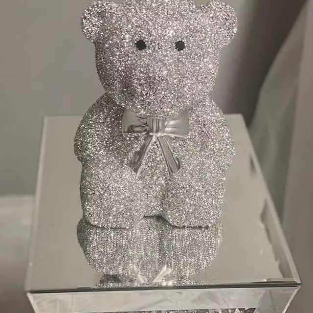DEENZ Large Crushed Crystal Teddy Bear Sparkle Ornament in Silver