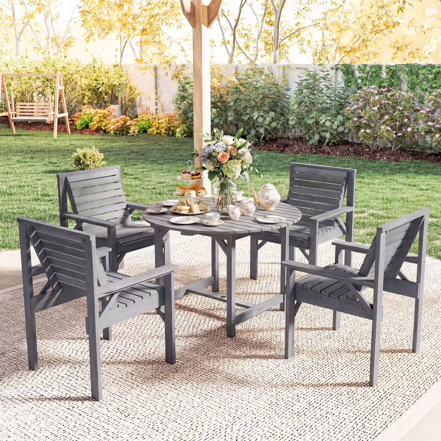 Outsunny 5 Piece Grey Wooden Garden Dining Set with Round Table and 4 Chairs – 7