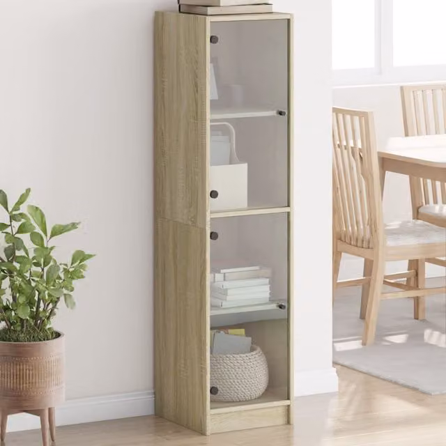 Berkfield Home Sonoma Oak Highboard with Glass Doors in Brown, W/D/H: 35 x 37 x 142 cm