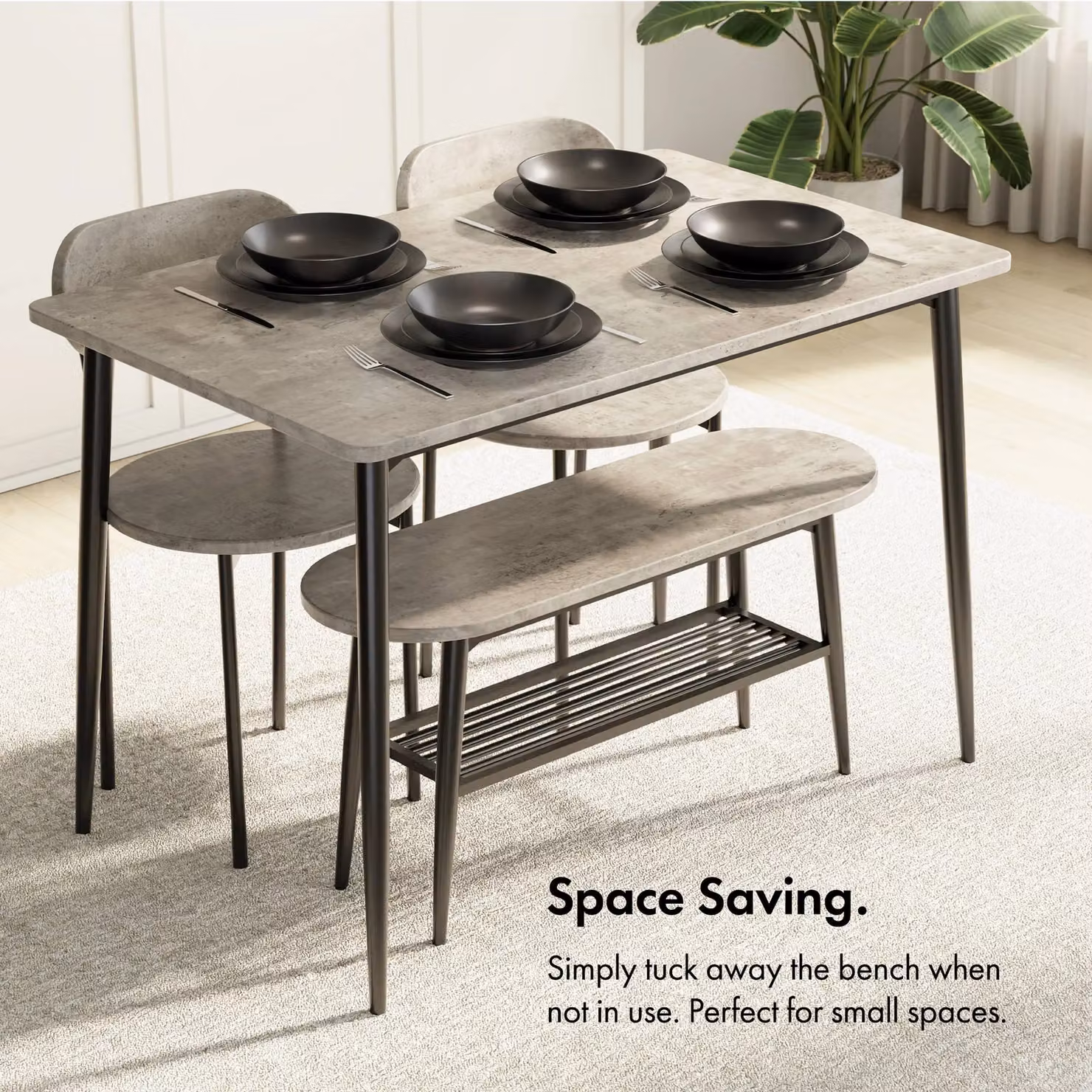 VonHaus Concrete Effect Dining Set with Table, Bench and 4 Chairs in Grey and Black, W/D/H: 110 x 70 x 75 cm – 3