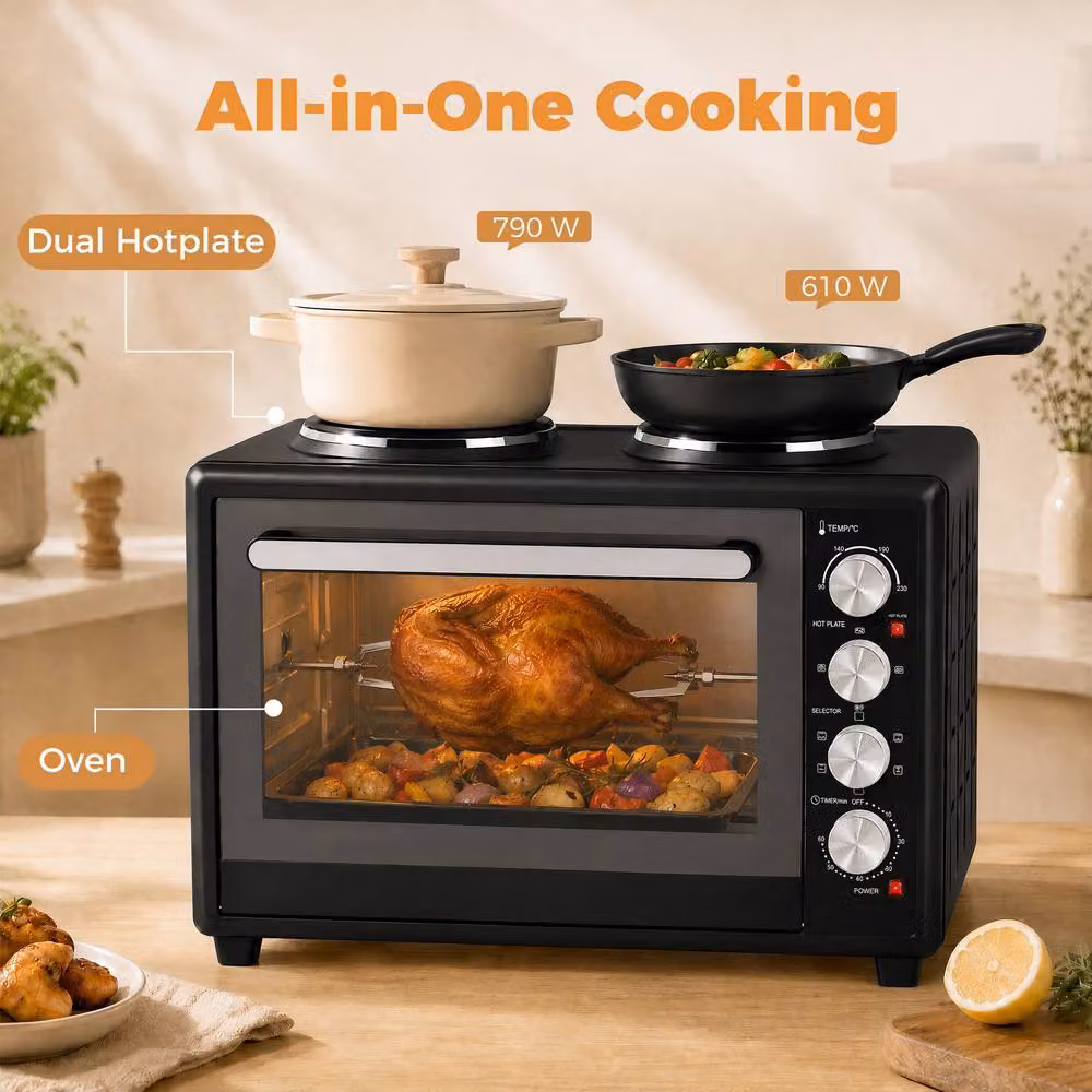 HOMCOM 36L Mini Electric Countertop Oven with Dual Hot Plates and Grill, Black – 4