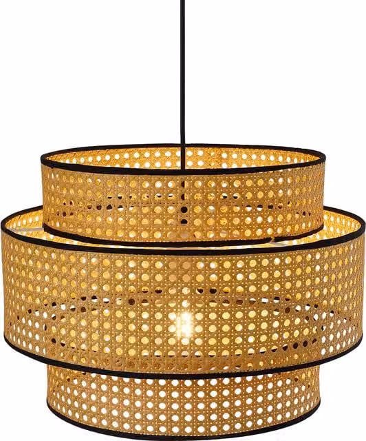 Livingandhome Rattan-Woven Suspended Pendant Light in Brown and Wood Colour