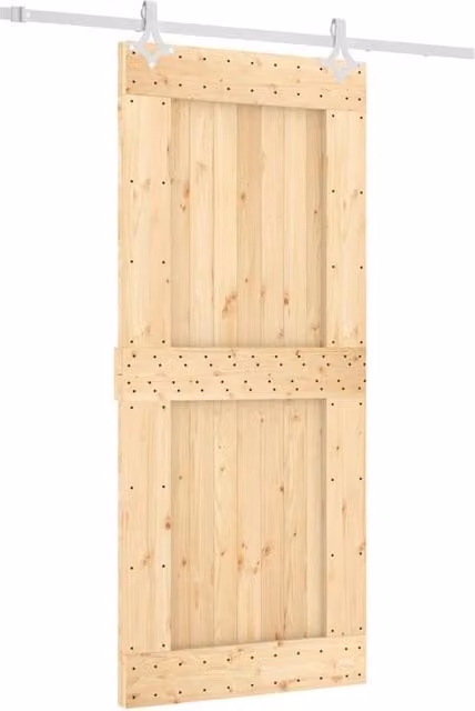 Berkfield Home Rustic Solid Wood Pine Sliding Door with Hardware Set, Natural, W: 90 cm, H: 210 cm