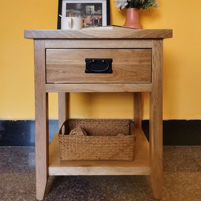 FURNITURE ONE Oak Bedside Table with Shelf and Drawer in Light Oak