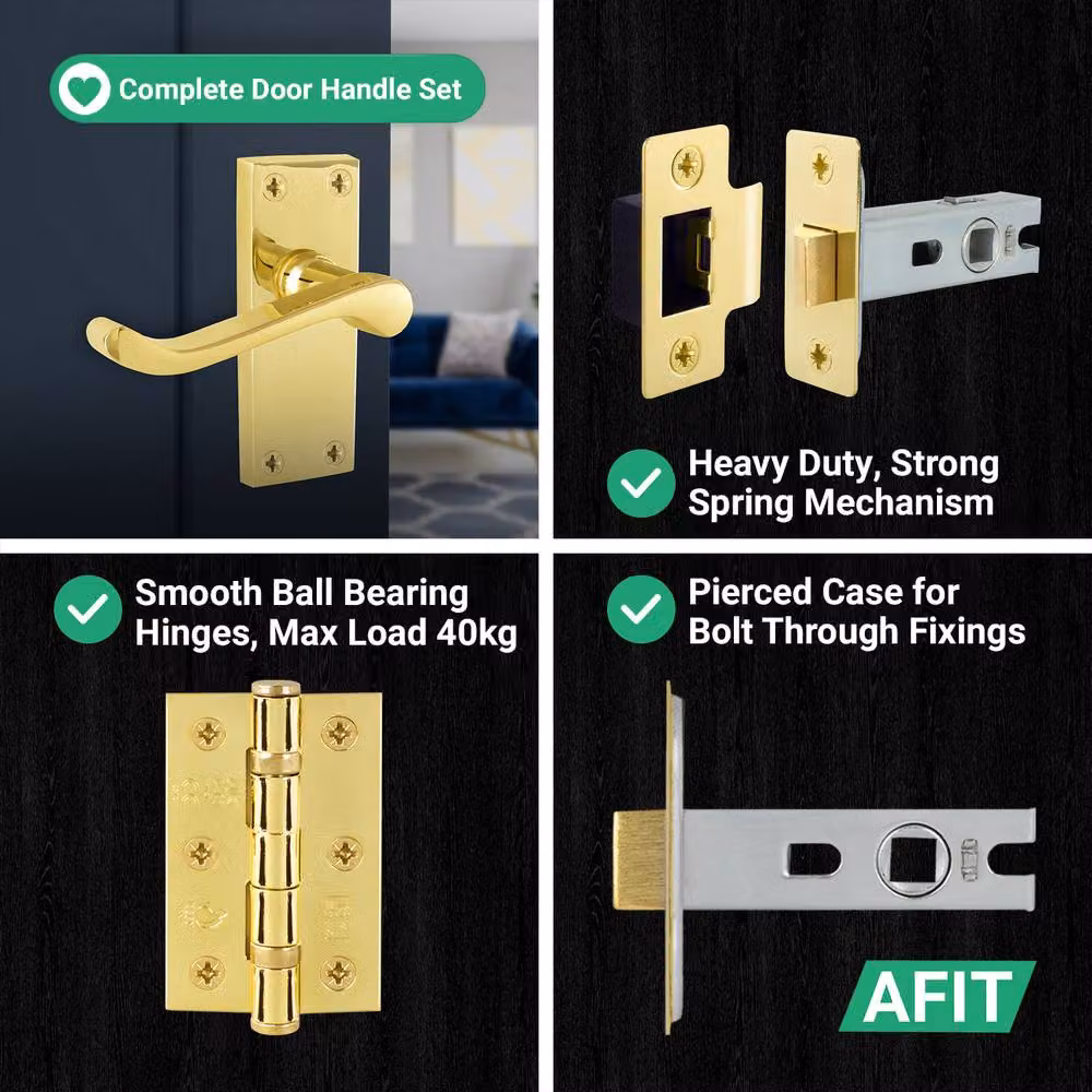 AFIT Polished Brass Scroll Handle Latch and Hinges Set in Gold, 1 Pair – 2