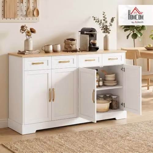 HOMCOM White Sideboard Buffet Cabinet for Kitchen and Living Room Storage, W: 140 cm, H: 80 cm, D: 38 cm – 2