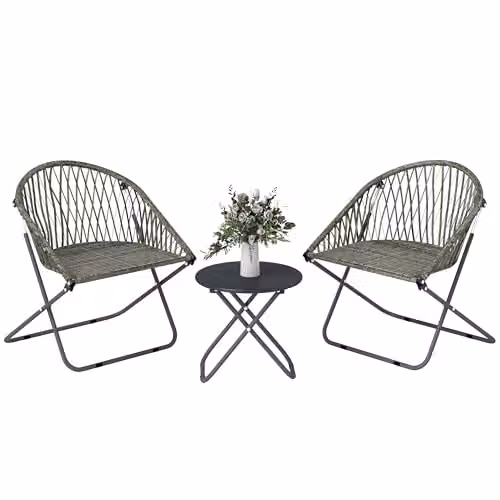 Outsunny 3 Piece Grey Rattan and Metal Folding Bistro Set for 2 Adults – 1