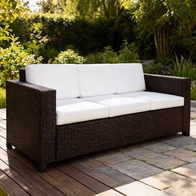 ERGOVEXA 3-Seater Brown Rattan Garden Sofa with Upholstered Cushions and Powder Coated Steel Frame