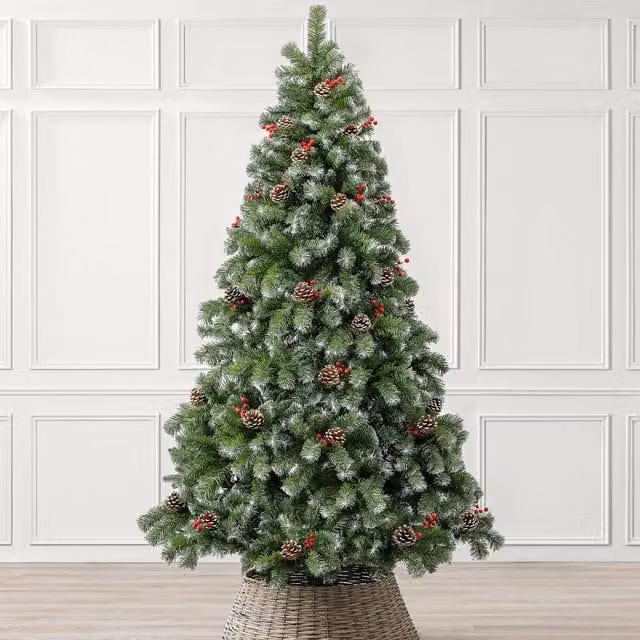 Christow Cone and Berry Artificial Snowy Snow Flocked Christmas Tree in Green with Stand, Height: 152.4 cm – 1