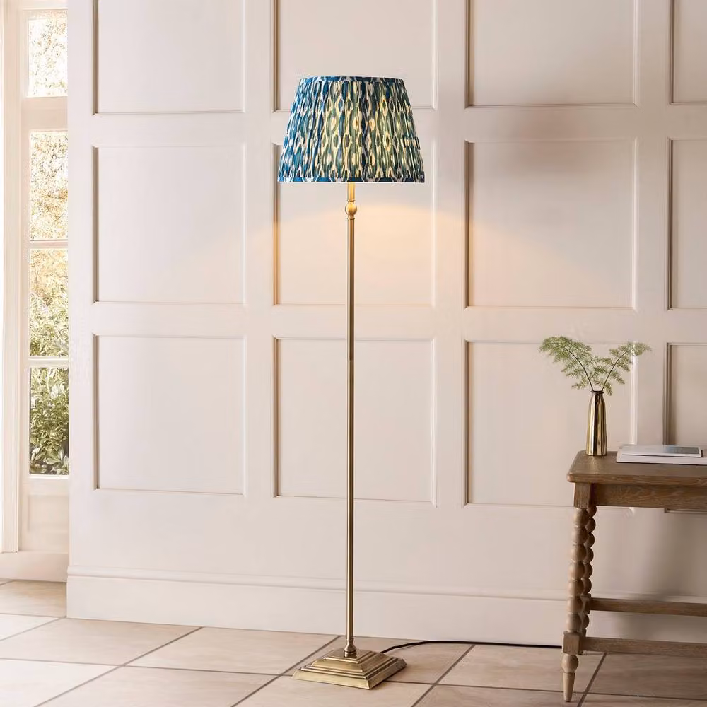 Netlighting Lille Brass Plate Floor Lamp with Blue Multicolour Fabric Ikat Shade, Diameter: 40 cm, B22 – 2