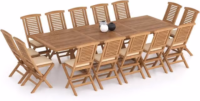 Eterna Home Helsinki Teak Garden Dining Table and 14 Chair Set with Black Cushions
