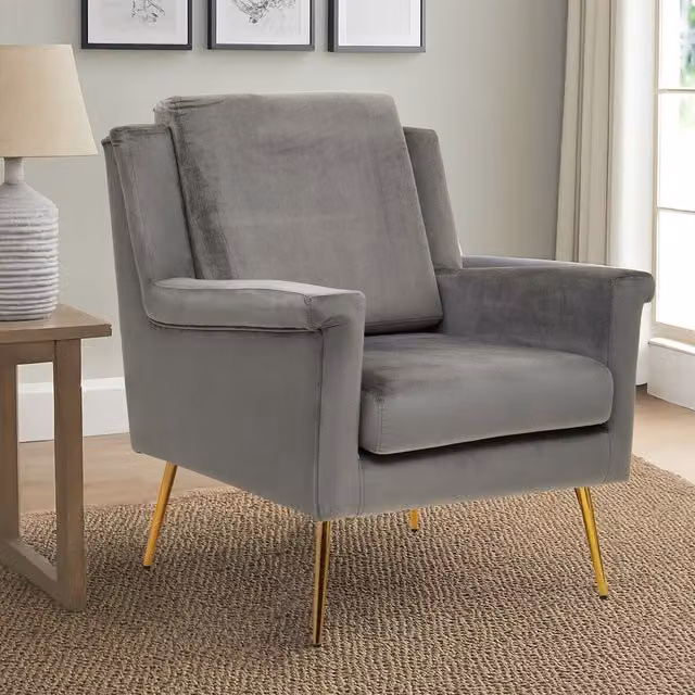 Orsina Grey Velvet Mid-Century Modern Accent Armchair with Gold Details – 2