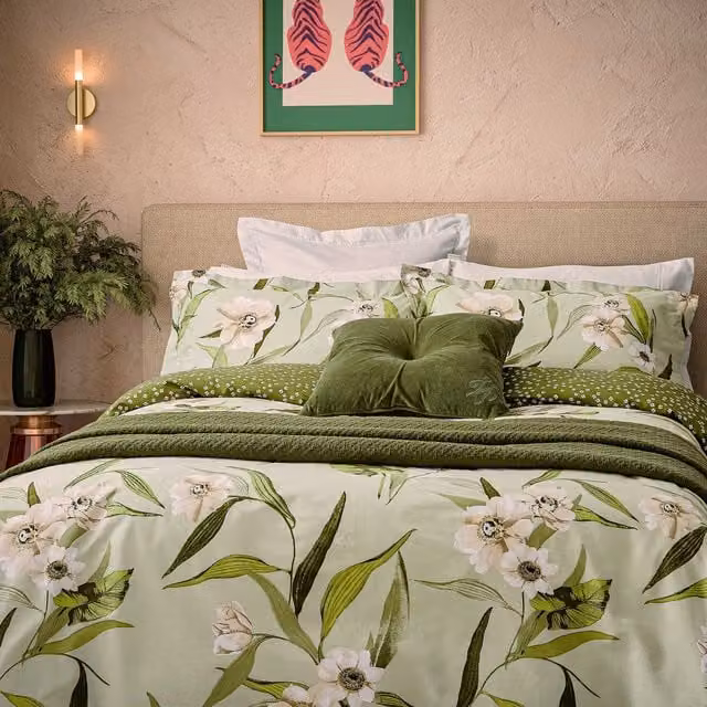 Ted Baker Cabana Reversible Cotton Mako Satin Duvet Cover and Pillowcase Set, Green and White, W: 140 cm, L: 200 cm