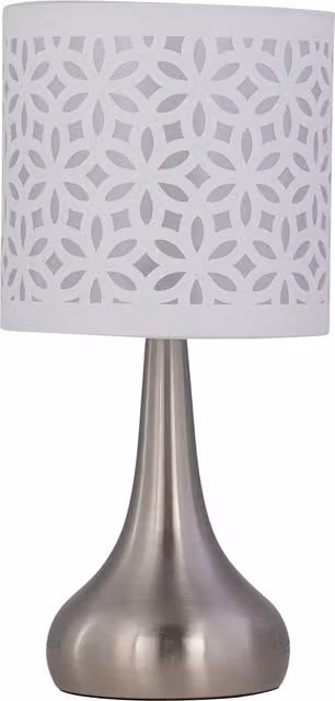 First Choice Lighting Romana Touch Table Lamp in Brushed Chrome with White Shade – 1