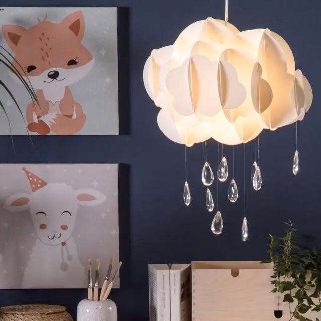 Wyld and Coco White Floating Cloud Pendant Lamp with Crystal Raindrops