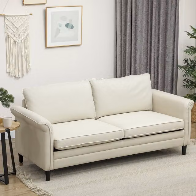 HOMCOM 3 Seater Modern Upholstered Sofa with Spring Core Cushions and Solid Rubberwood Frame in Cream