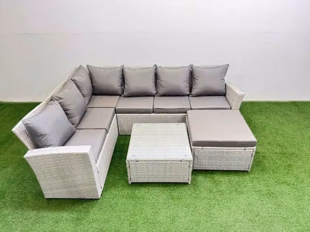 Fimous 7 Seater L-Shape Garden Corner Sofa Set with Coffee Table and Ottoman in Light Grey