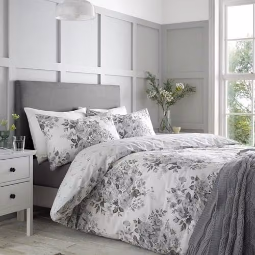 Catherine Lansfield Elinda Floral Reversible Single Duvet Cover and Pillowcase Set in Grey and White, Duvet Cover: 135 x 200 cm, Pillowcase: 50 x 75 cm – 1