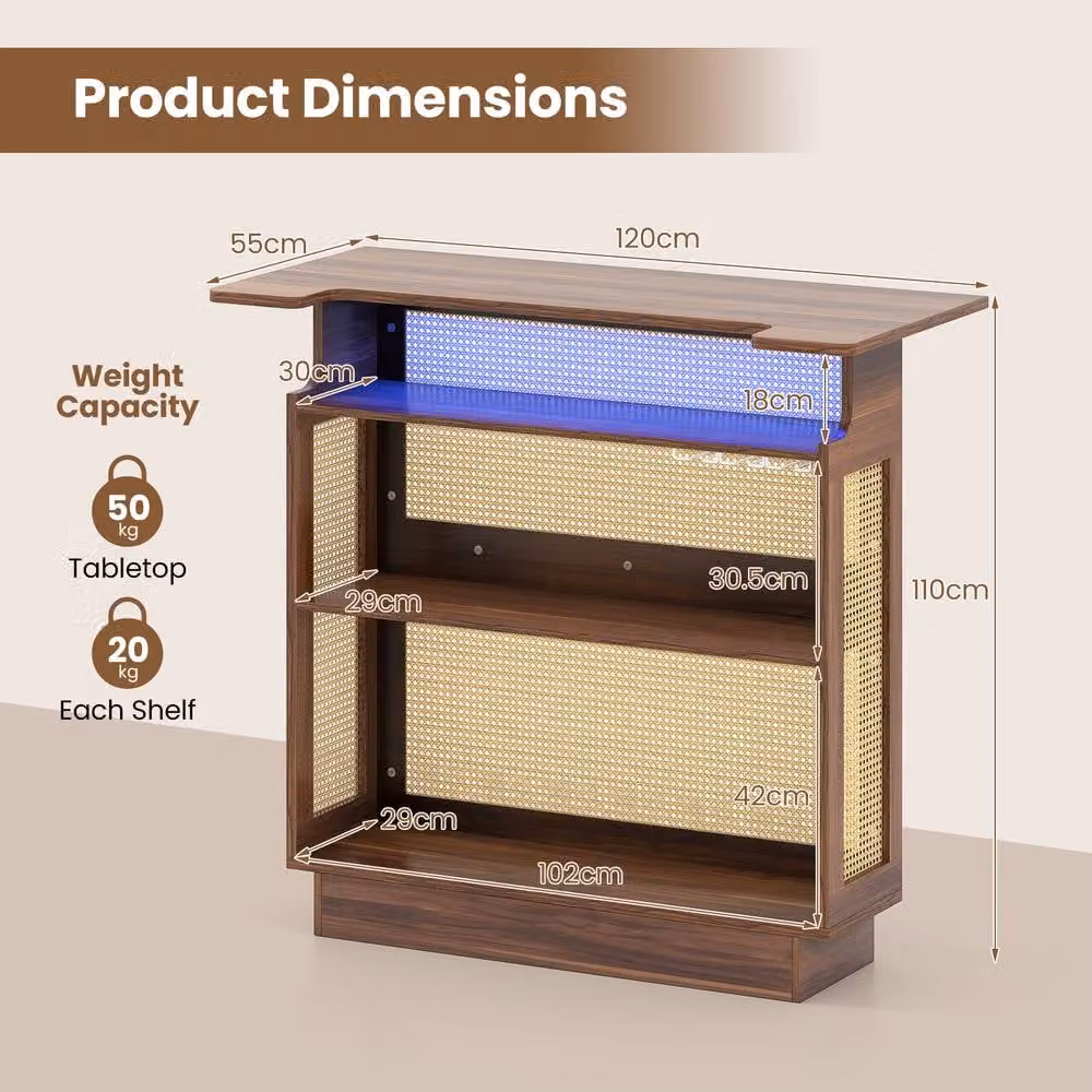 Costway Industrial Rattan Home Bar Table with LED Light and App Control in Brown – 2