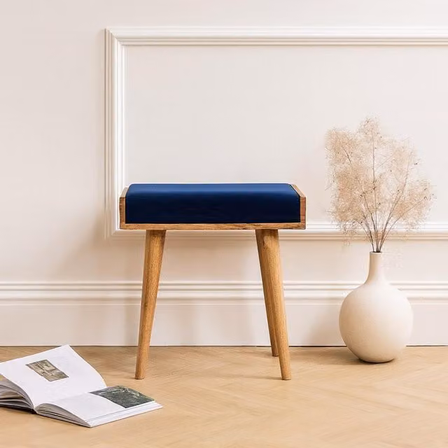 Artisan Furniture Mango Wood Tray Footstool with Blue Velvet Upholstery and Brown Frame