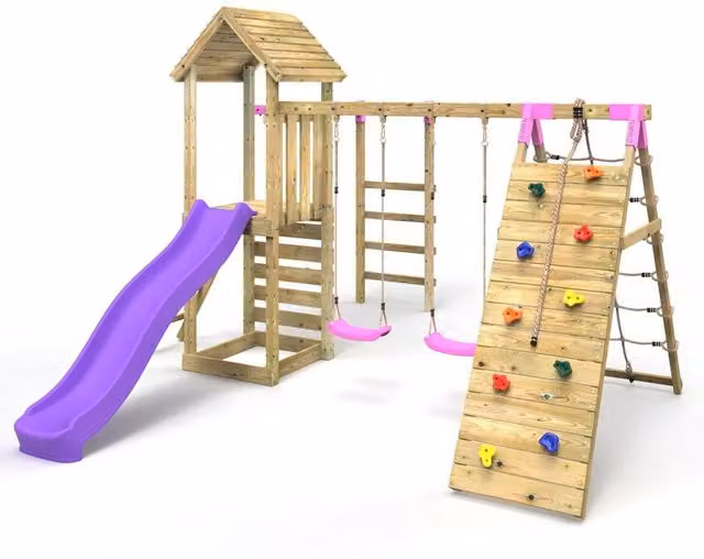 Rebo Modular Wooden Climbing Frame with Swing, Slide and Climbing Wall in Pink/Dolomite