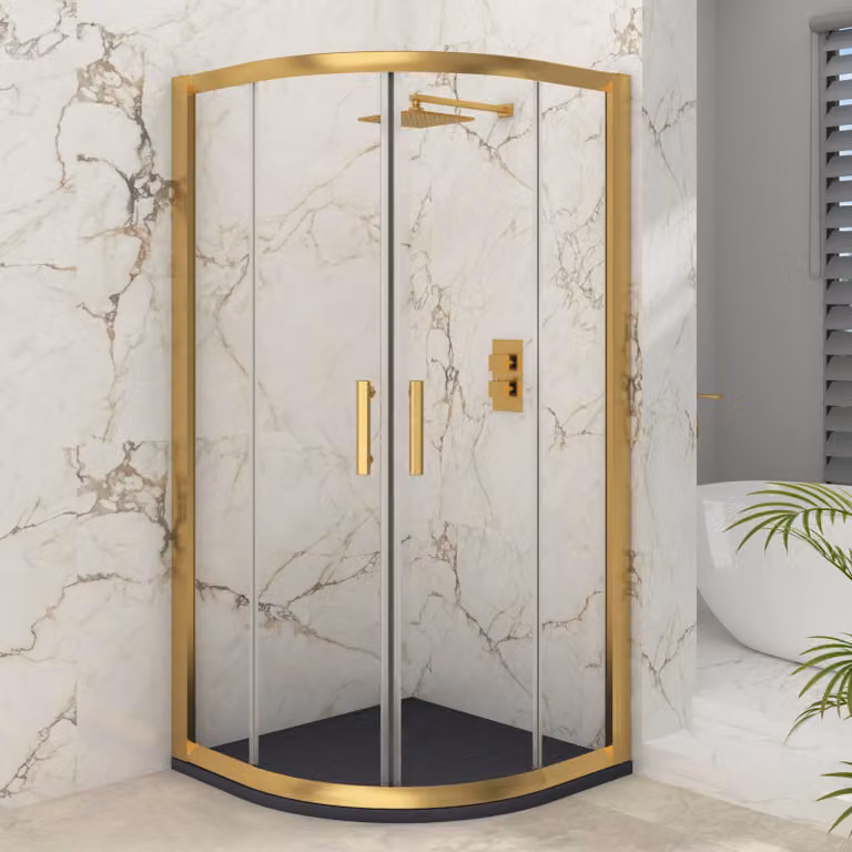 Royal Bathrooms Venice Quadrant Shower Enclosure with Grey Stone Mineral Cast Tray, Brushed Brass, W/D: 80 x 80 cm, 6mm Double Sliding Door
