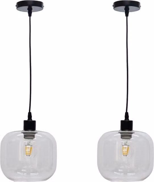 First Choice Lighting Bletch Set of 2 Modern Suspended Pendant Lights with Transparent Glass and Black Fittings