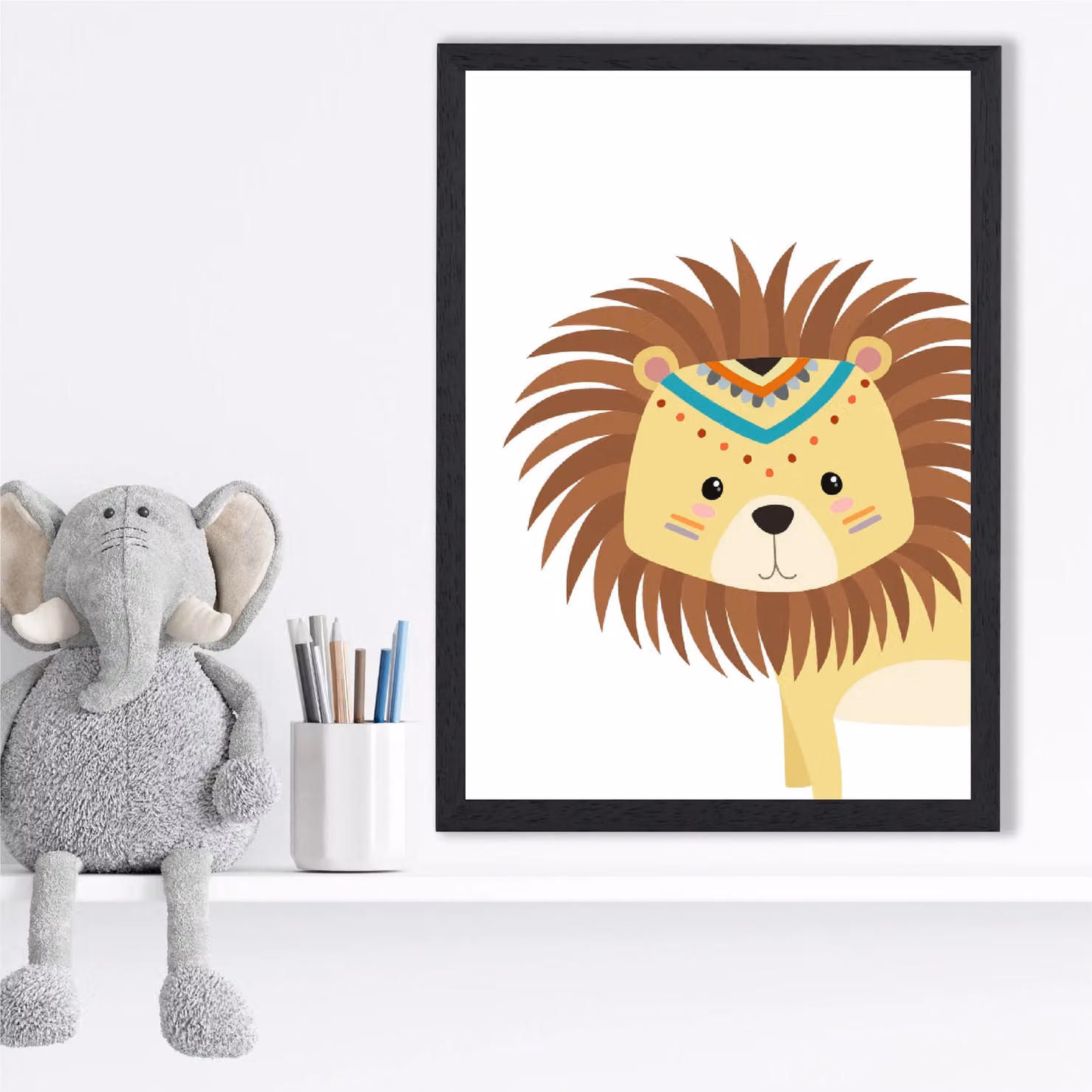 ARTZE Peeking Lion Tribal Animal Framed Print, Yellow and Black, A2 – 2