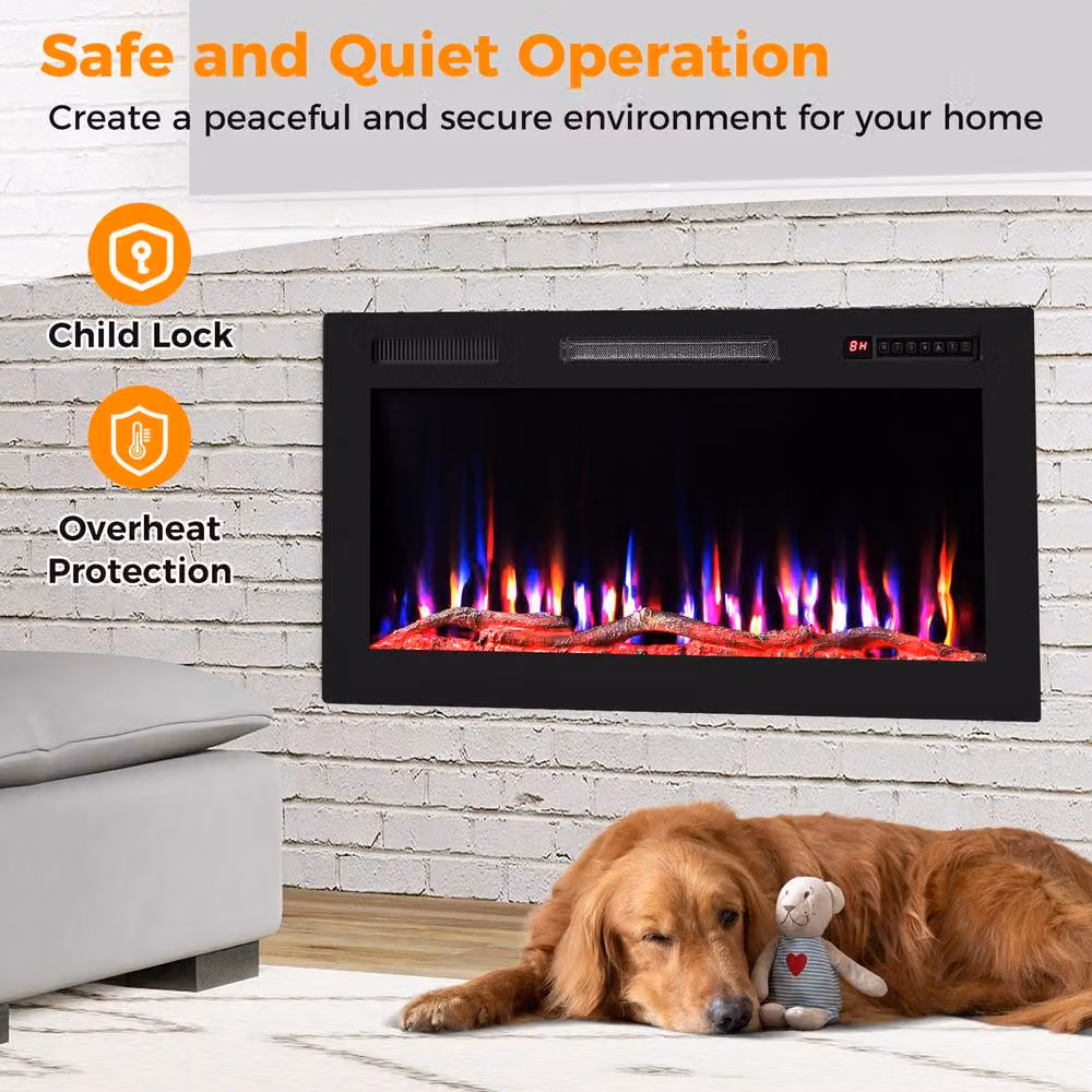 Costway Recessed 36 inch Electric Fireplace Wall Mounted Heater with Sleep Mode in Black – 4