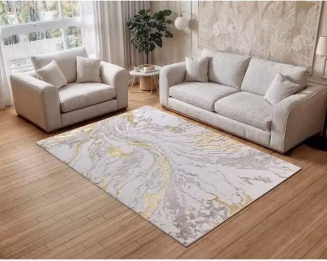 Stratus Interiors Blossom Gold Swirls Large Living Room Rug in White, Grey, Beige and Gold, W: 290 cm, D: 200 cm