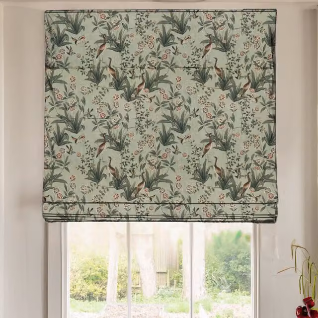 Linda Barker Rosa Fiore Eucalyptus Green Linen Look Blackout Made To Measure Roman Blind