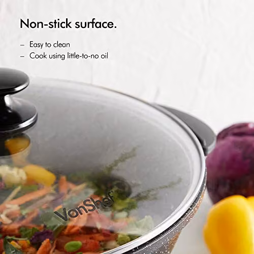 VonShef 1400W Electric Non-Stick Wok with Tempered Glass Lid, 5L Multicooker Skillet in Black – 5