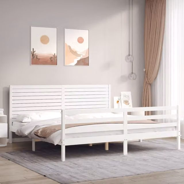 Berkfield Home Super King Size Solid Pine Wood Bed Frame with Headboard in White – 1