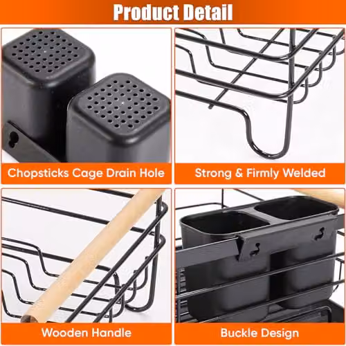 ATEK 1 Tier Black Steel Kitchen Dish Drainer Rack with Wooden Handle, Cutlery Holder and Drip Tray – 10