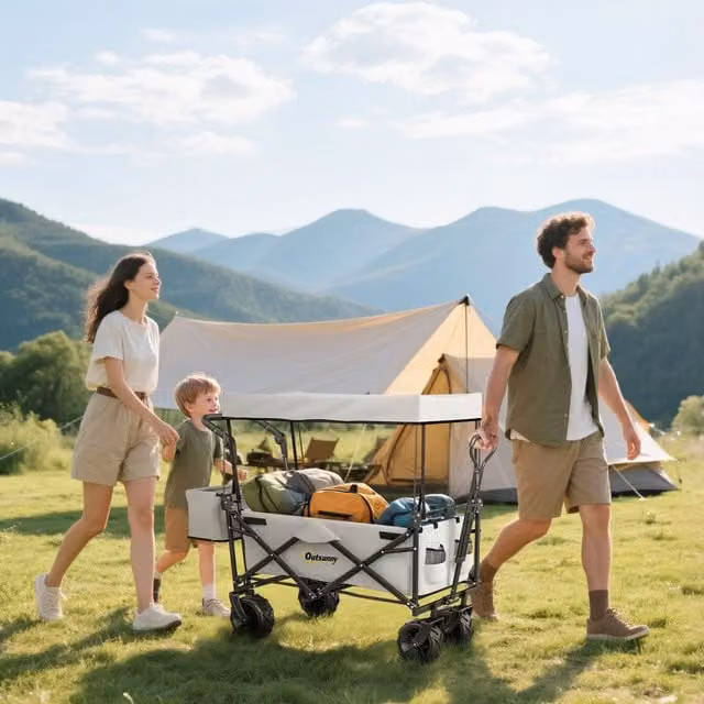 OUTSUNNY Outdoor Push Pull Wagon Stroller Cart with Canopy Top in Grey – 1